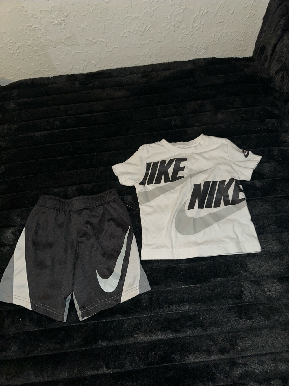Nike Boys White Tee with Black & Gray Logo and Black Athletic Shorts